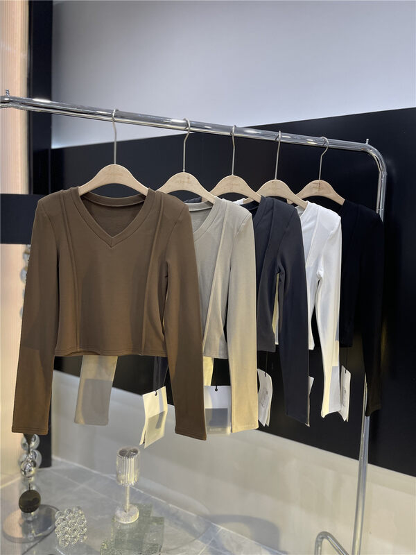 [Half plain] V-neck simple Korean style slim long-sleeved T-shirt G331# ZJY