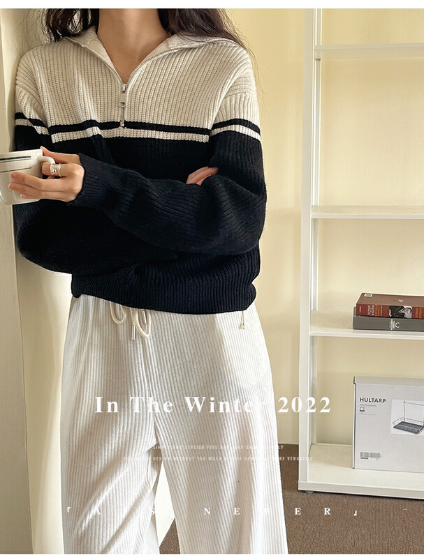 [THE MIND] wool large lapel colorblock zipper fashion simple sweater 71512