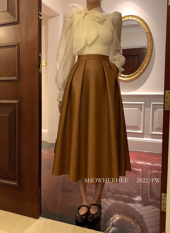 New in autumn! [Xiu Xixi] French retro high-end leather pleated high waist all-match skirt 19581# JHY