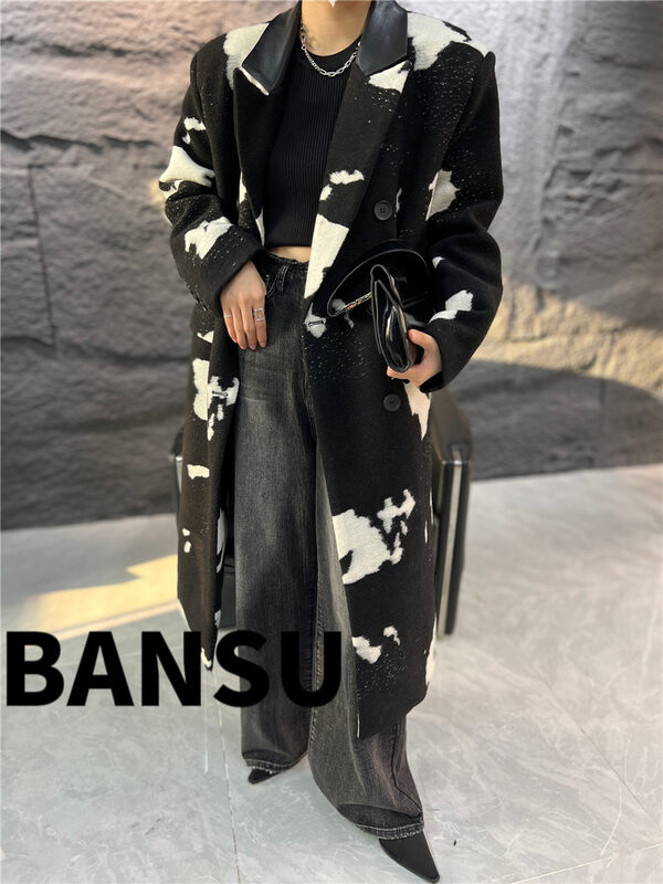 [Semi-plain] Double-breasted contrasting color retro long coat A872# ZJY