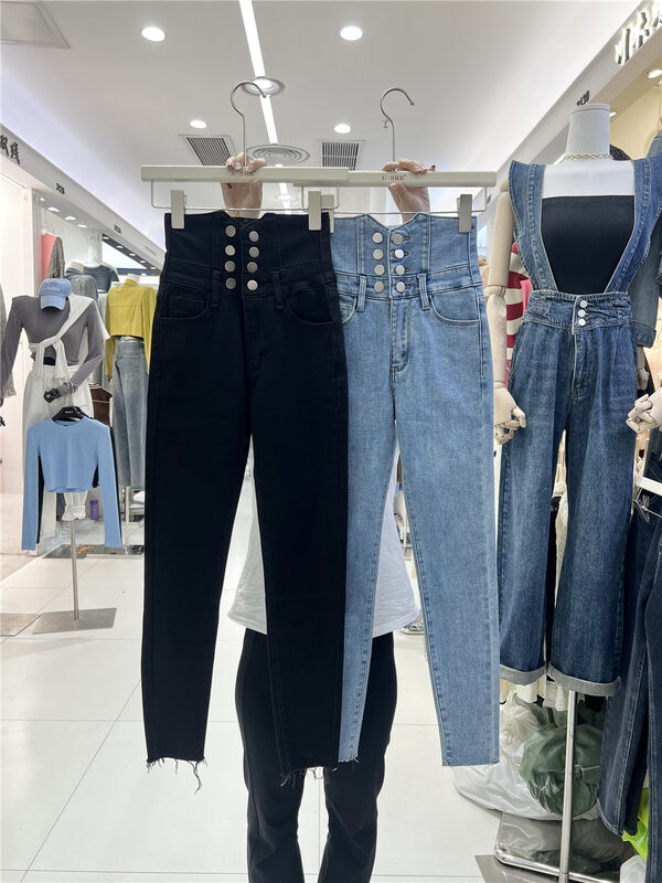 New in winter!【U.SHE】Fleece high waist all-match raw edge jeans 36606# JJ
