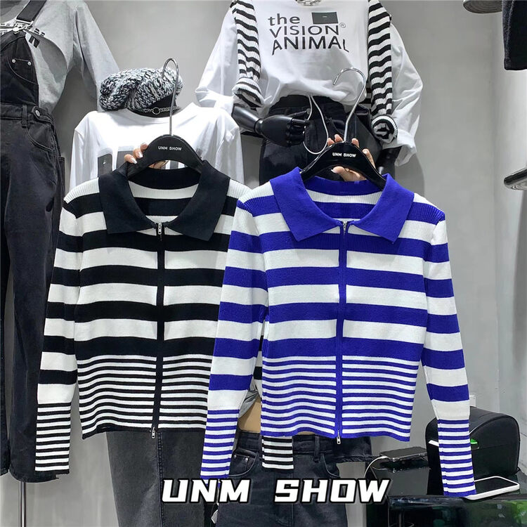 Original price 50.76! New for autumn! [UNM-SHOW] Striped Korean zipper long-sleeved T-shirt 6623# WTT