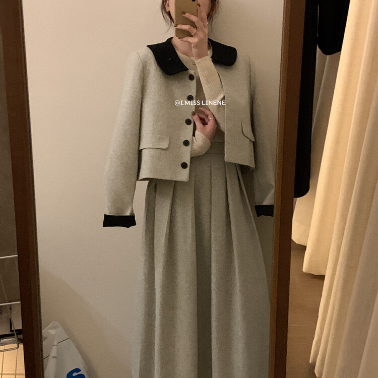 【IMISS】French lapel contrast color 50 wool coat short coat QK8116