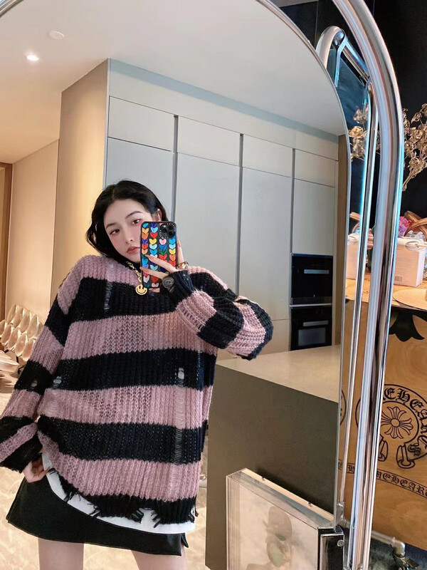【NANCY】Pink Striped Hollow Hollow Tassel Lazy Knit Sweater M3720# WPL