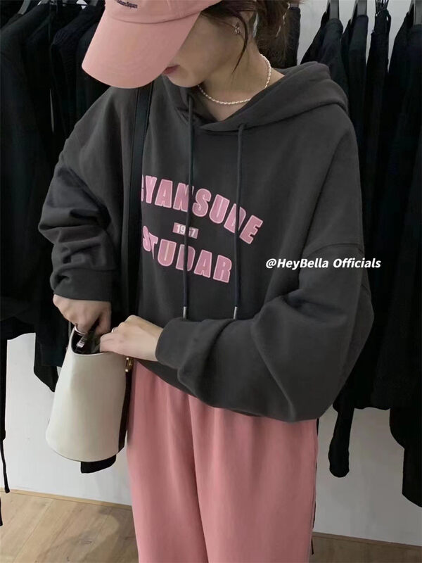 New in autumn! [HEY BELLA] Letter Hooded Loose Sweater B5371# L