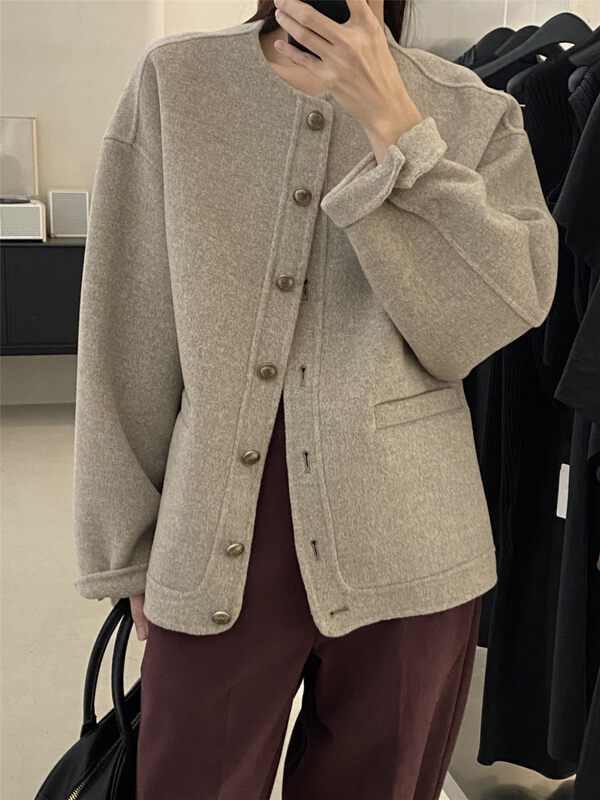 【CLEAN SPACE】Korean version solid color all-match round neck double-sided woolen short coat (100 wool) 32558# CQW