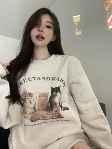 Official picture 310 grams of imitation cotton interwoven fabric winter thickened fleece sweater women's round neck printed back wrap long-sleeved top