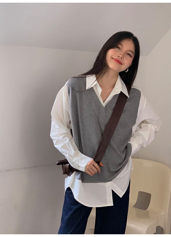 【THE MIND】Korean style woolen stitching contrast color fake two-piece shirt 61156# JHY