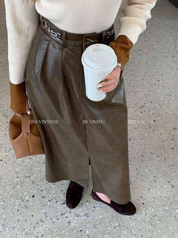 [ONIVINTAGE] Design decorative chain slit leather skirt OH226D5923