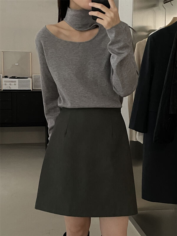New in autumn! Wool blended yarn [CLEAN SPACE] solid color hollow design turtleneck slim knitted sweater 32970# CQW