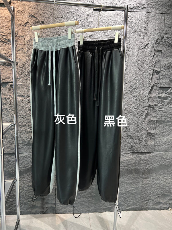 [Semi-plain] Fashionable elastic waist contrast color slim casual pants H037# ZJY