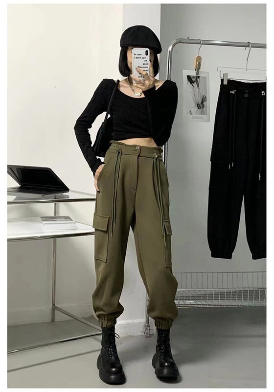 New in autumn! [TAN] drawstring all-match solid color casual pants 6617# JJ
