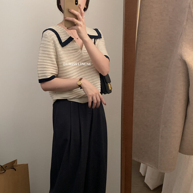 【IMISS】French gentle lapel contrast knitted top knitted sweater QK0238
