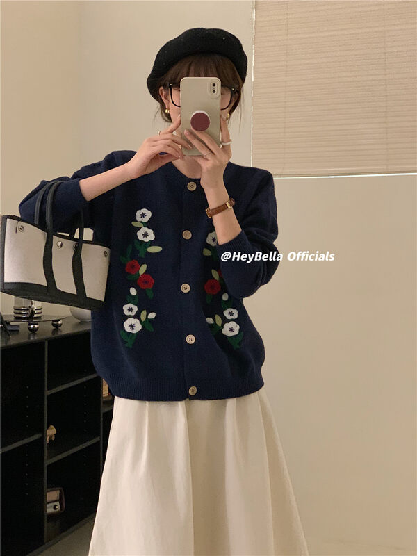 New in autumn! [HEY BELLA] Heavy-duty embroidery comfortable all-match knitted cardigan B9225# L