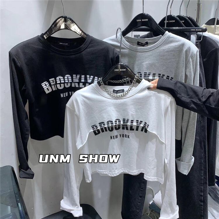 New in early autumn! [UNM-SHOW] Loose letter short fake two-piece long-sleeved T-shirt 6535# WTT