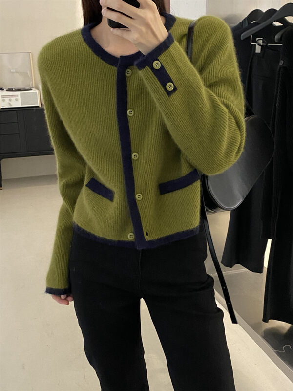Color Contrast Small Fragrance Series Sweater, 7 Colors【CLEAN SPACE】Simple Contrast Edge Casual Short Knit Cardigan (30% Raccoon Fleece, 10% Wool) 32671# CQW