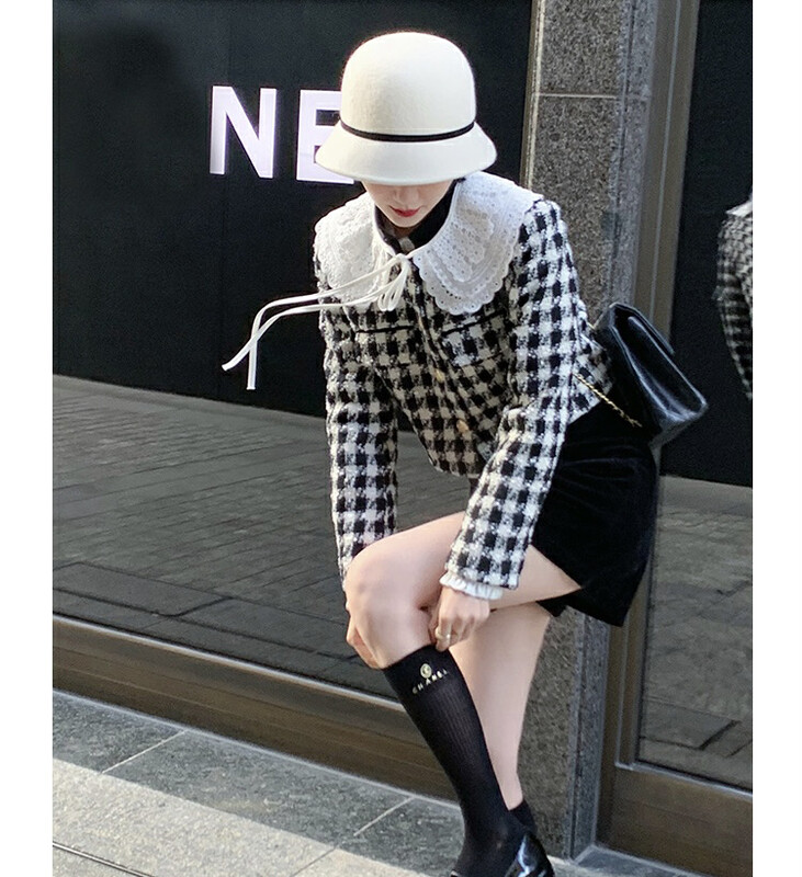 【KIKI STUDIO】Korean style fashion short plaid jacket (with three-layer lace collar) 6970# HJY