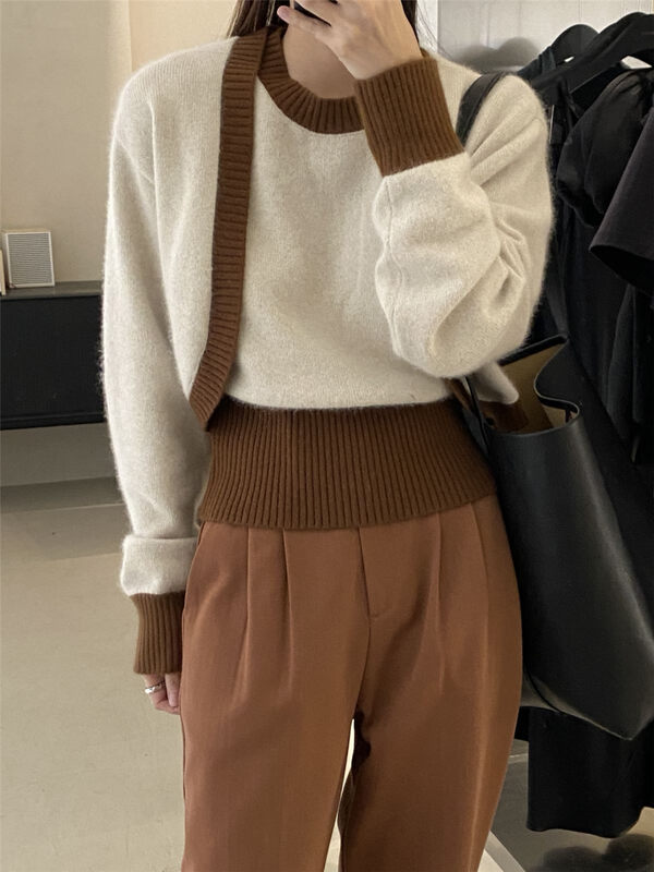 【CLEAN SPACE】Slim-fit vest with contrasting edge + outer short cardigan two-piece suit 33% raccoon hair, 15% wool33379