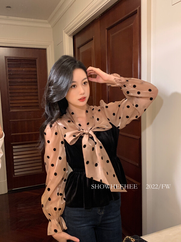 New in autumn! [Xiu Xixi] French elegant polka dot shirt 9278# JHY