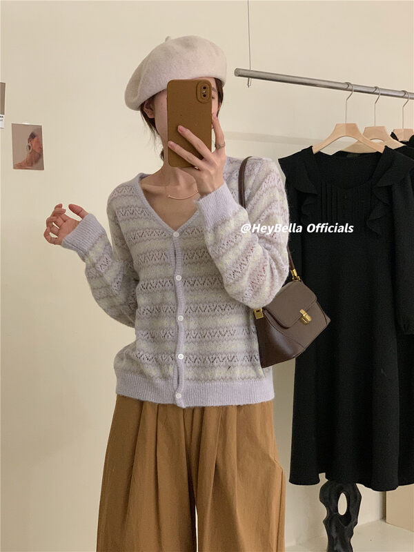 Original price 62.04! New in early autumn! [HEY BELLA] Fashion V-neck striped knitted cardigan 9120# L