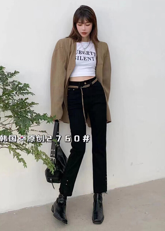[Korean original] waist chain trousers gold buckle elastic cigarette pants jeans 2760# FHX