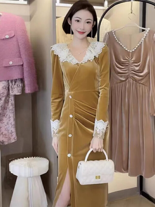 【KIKI STUDIO】Vintage velvet lace collar dress 6957# HJY