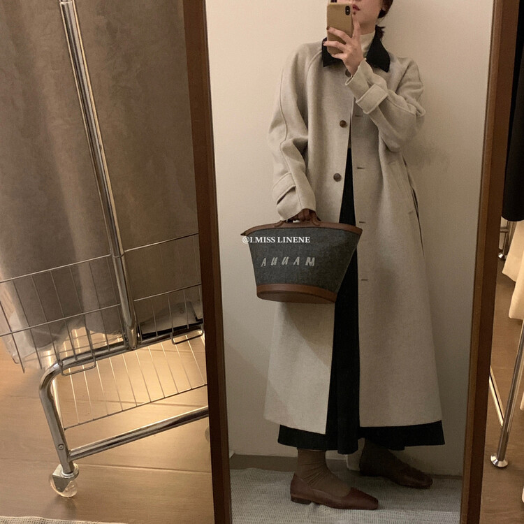 [IMISS] Korean version of the contrast color polo collar double-sided woolen coat coat (with waist rope) QK3597