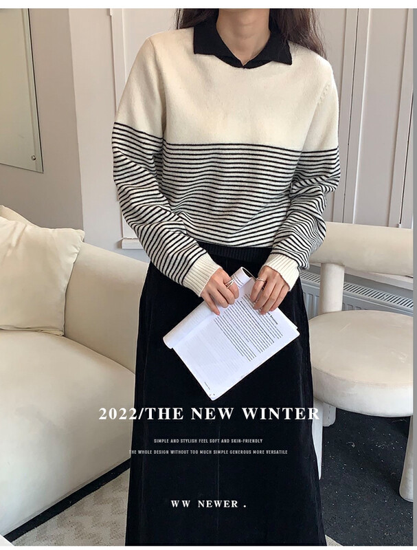 [THE MIND] pure wool lapel color-block striped casual all-match slim sweater 71505