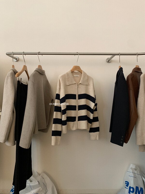[IMISS] Korean polo collar thick striped sweater cardigan knitted cardigan QK913