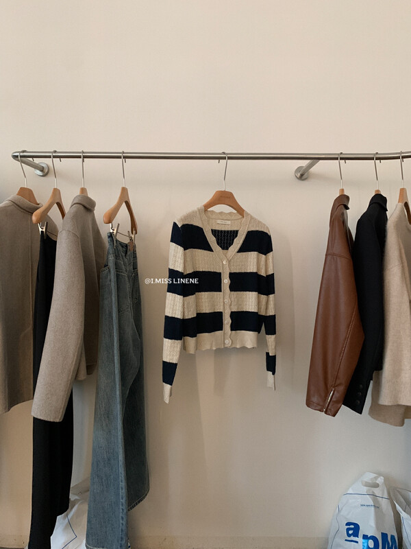 【IMISS】French v-neck heavy industry striped knitted cardigan knitted cardigan QK0315