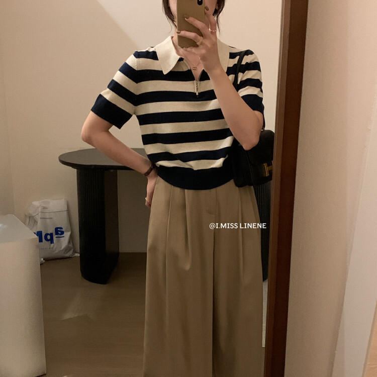 【IMISS】Korean casual polo collar striped knitted sweater QK0288