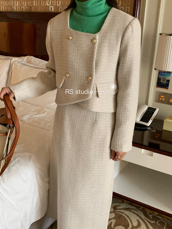 New in winter! [RS] Square collar irregular short jacket + fashionable high waist skirt suit (including 75% wool) LL0238# FHX