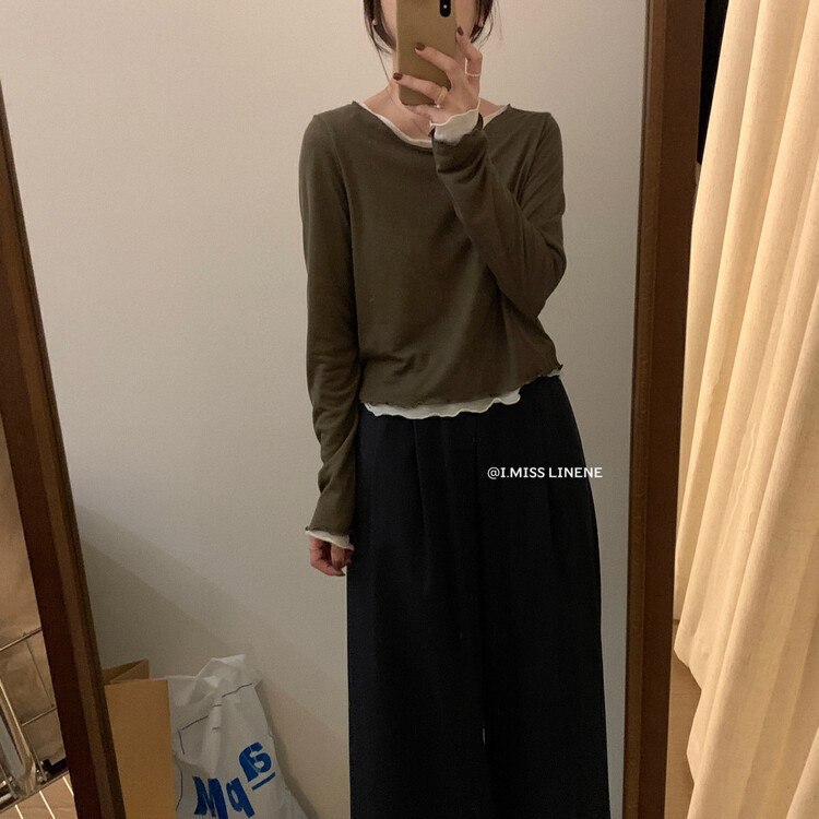 Original price 43.99! [IMISS] Korean version of casual lazy fake two-piece curled t-shirt long-sleeved T-shirt QK10181# FHX