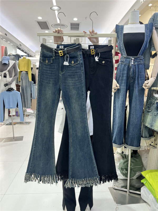 New in winter! [U.SHE] Korean version of all-match flared fringed jeans (without belt) 62026# JJ