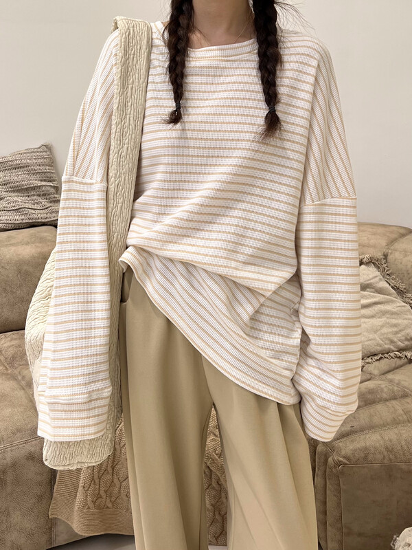 [RIN] Striped casual all-match loose long-sleeved T-shirt 21633