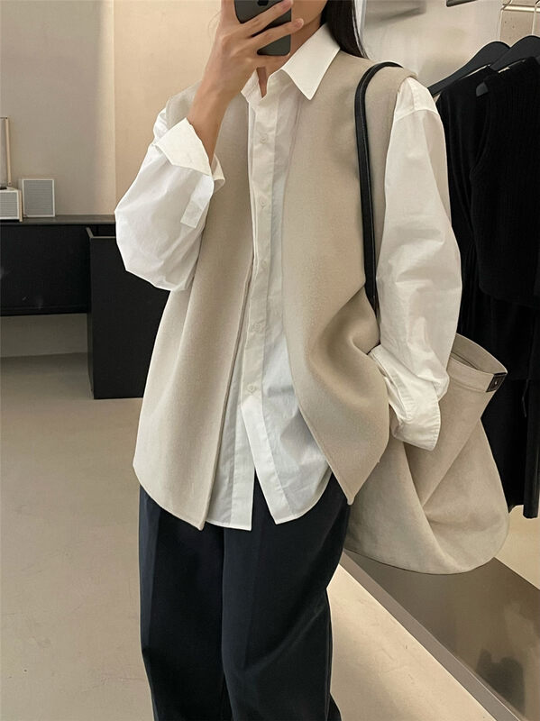 Autumn is new! [CLEAN SPACE] Simple collarless solid color textured cardigan double-sided wool vest (with belt) (100 wool) 21735# CQW
