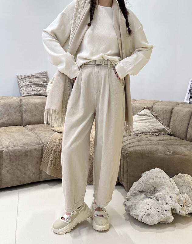 [RIN] Simple Temperament Washed Cotton High Waist Thin Casual Pants (with Waist Rope) Plus Thin Velvet R21666