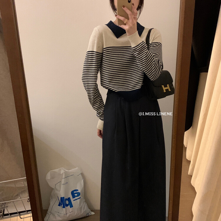 [IMISS] Retro contrast color polo collar striped pullover knitted sweater QK0301