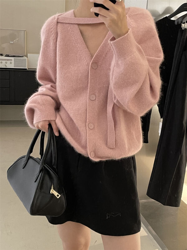 Raccoon Hair Soft Skin-Friendly 10 Colors【CLEAN SPACE】Solid Color Versatile Vest + Outer Cardigan Two-Piece Set 33333# CQW