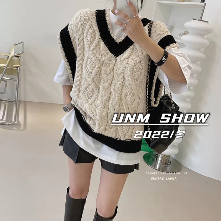 New in winter! [UNM-SHOW] V-neck color matching comfortable and versatile vest/sling (only vest) 6707# WTT