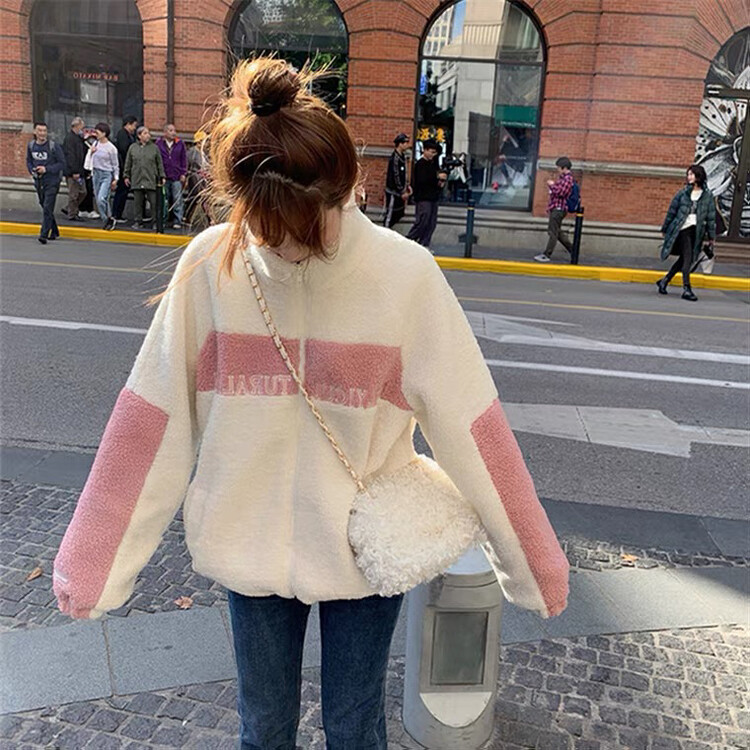 【KIKI STUDIO】Korean Version Colorblock Design Letter Plush Short Jacket 6982# HJY