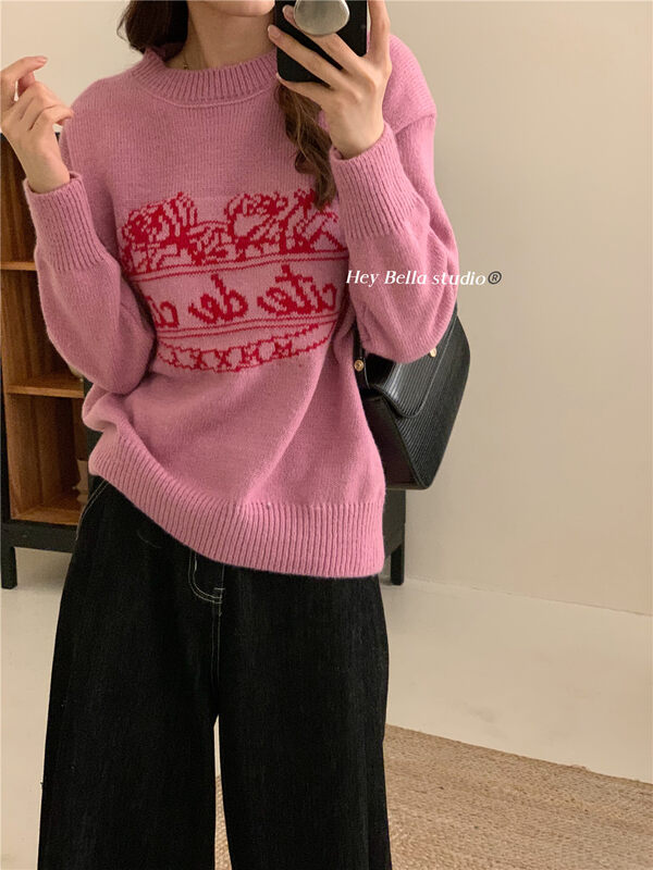 Original price 55.27! New in autumn! [HEY BELLA] patterned comfortable and versatile loose warm sweater b9313# L
