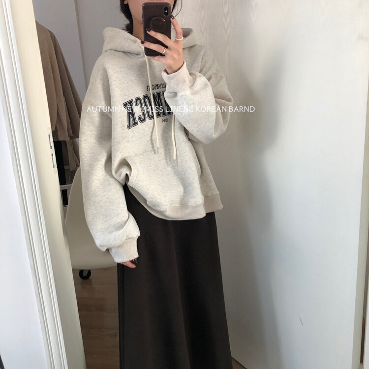 [IMISS] Thickened and velvet letter printed hooded sweater QK3127