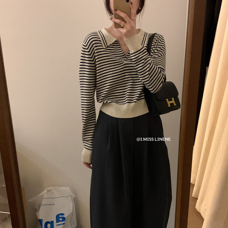 【IMISS】Korean casual polo collar striped knitted sweater QK0291