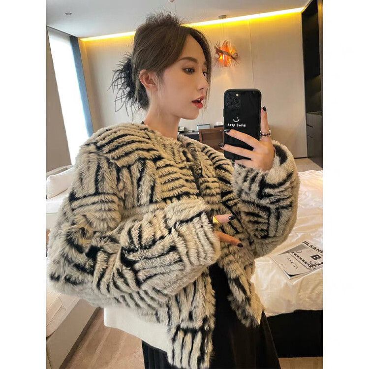 【KIKI STUDIO】Celebrity Faux Hair Colorblock Short Coat 7003# HJY