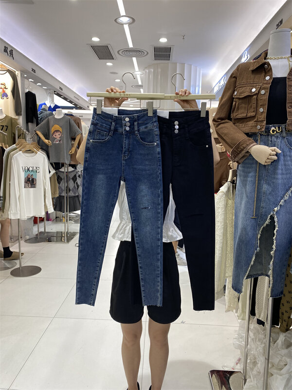Autumn is new! [U.SHE] Plus velvet Korean version of all-match small feet slim slim jeans 11017# JJ