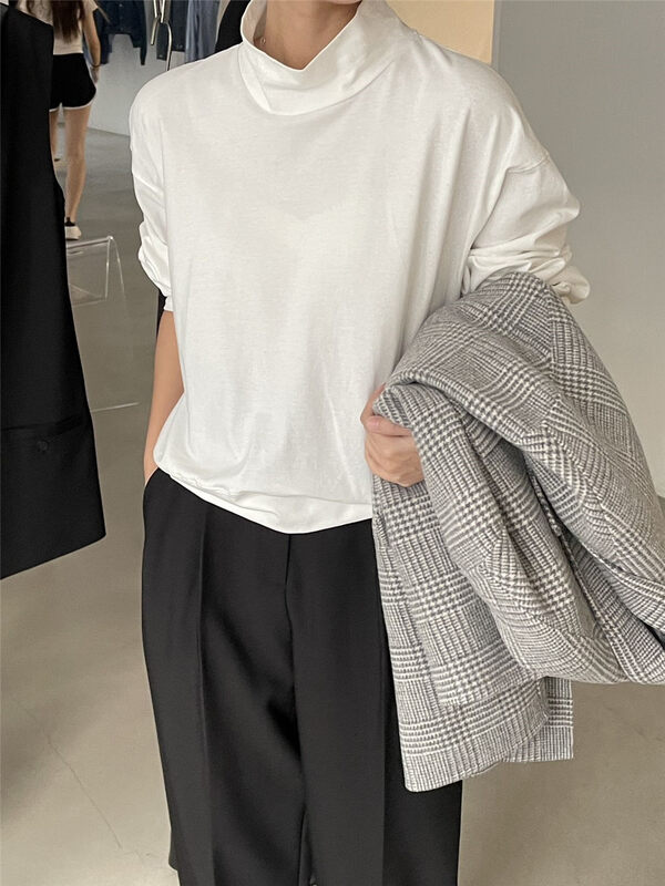 【CLEAN SPACE】Simple solid color loose turtleneck bottoming long-sleeved T-shirt 32988# CQW