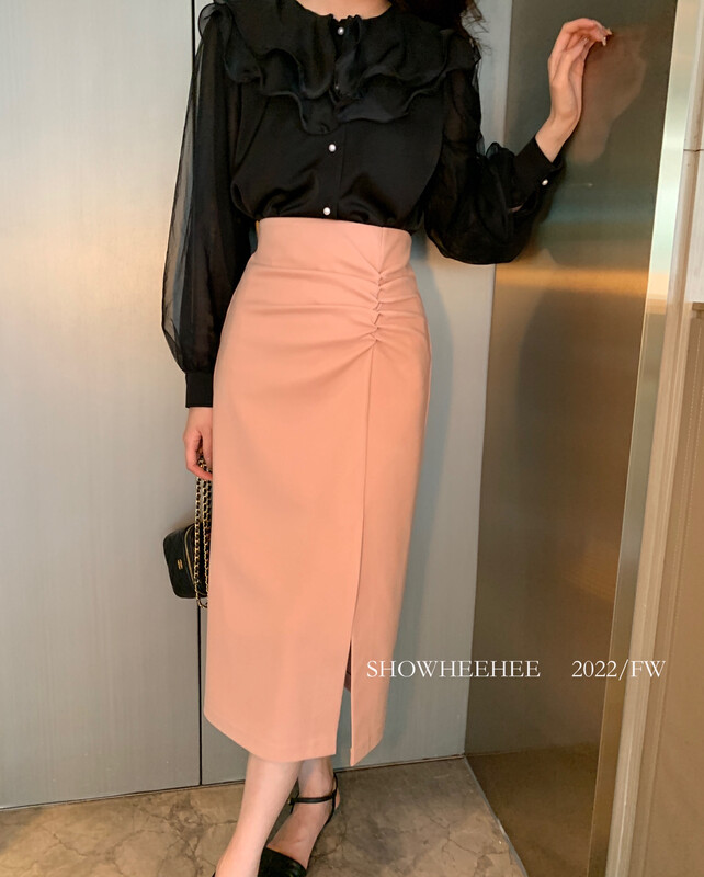 [Xiu Xixi] Temperament light and familiar high waist pleated side open hip skirt 19586# JHY