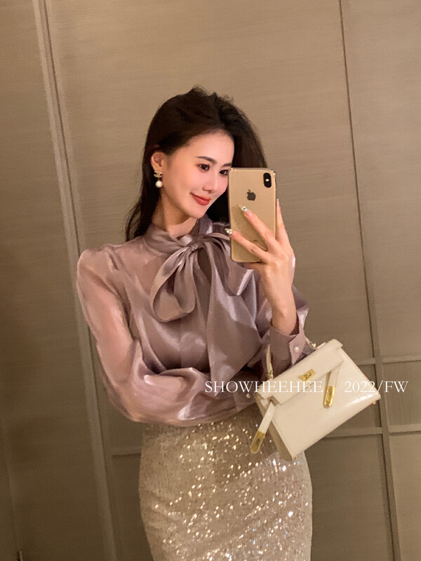 Autumn is new! [Xiu Xixi] French tie bow shirt + solid color suspender suit 9198# JHY