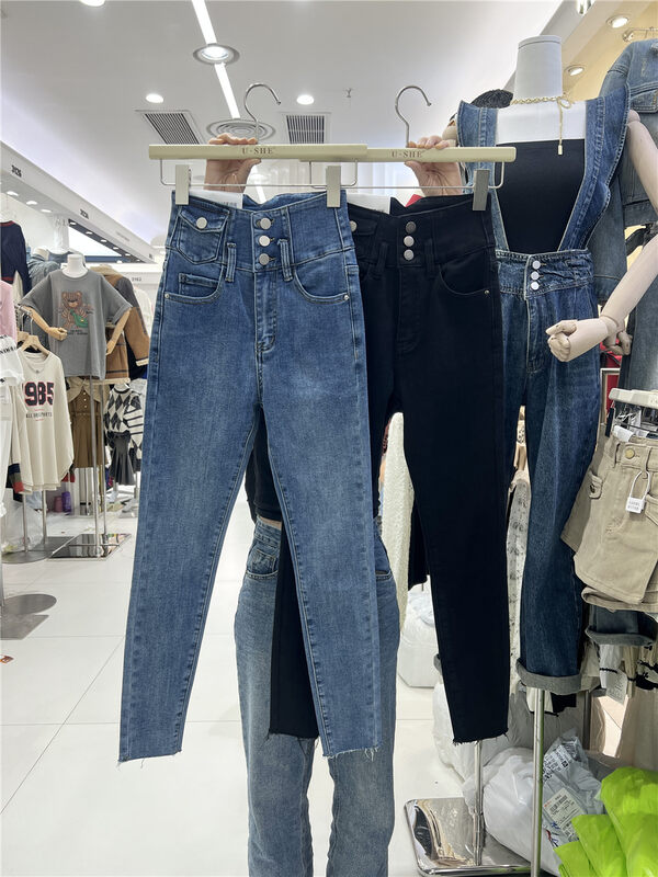 New in autumn!【U.SHE】High waist small foot thin velvet jeans 36601# JJ